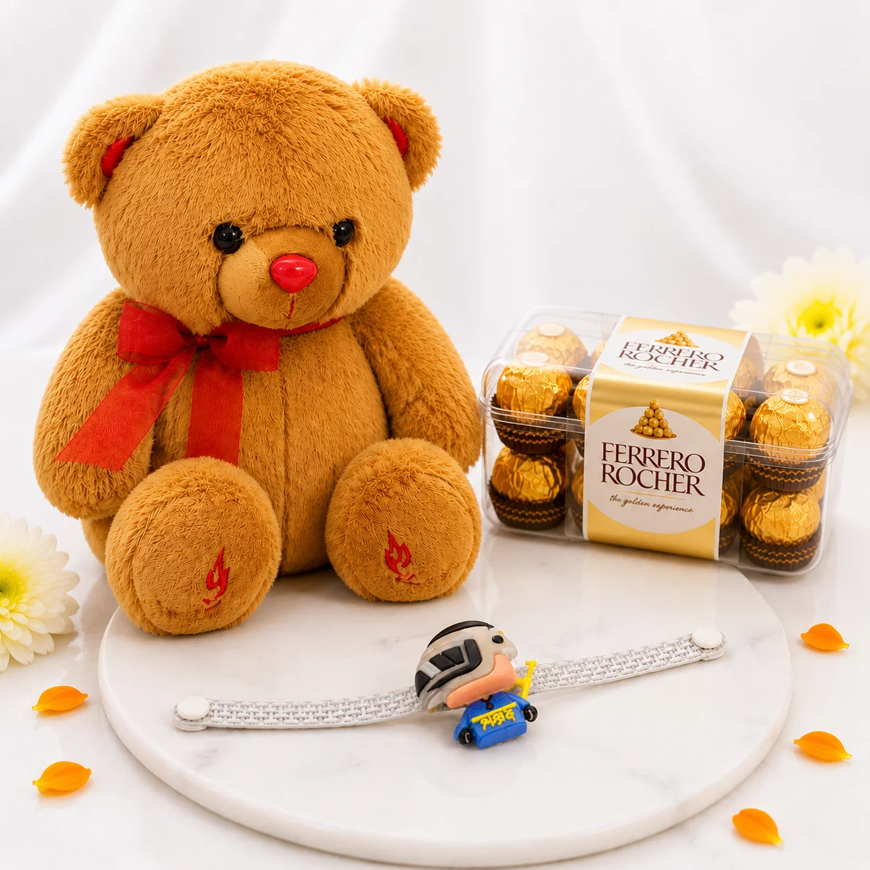 Teddy, Ferrero & PUBG Rakhi Gift Box featuring a soft teddy bear, 16 Ferrero Rocher chocolates and a PUBG themed rakhi